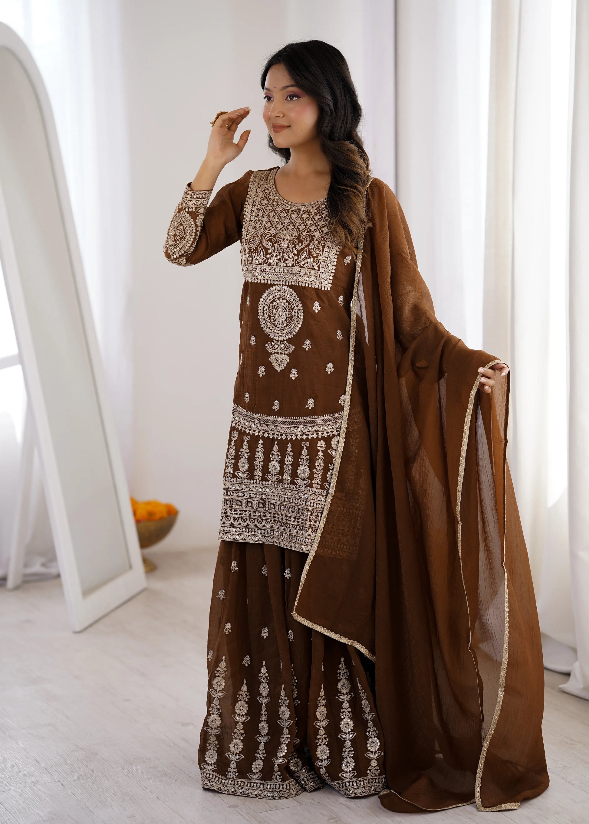 Embroidered Crunchy Silk Sharara Suit Set for Wedding and Festive Wear