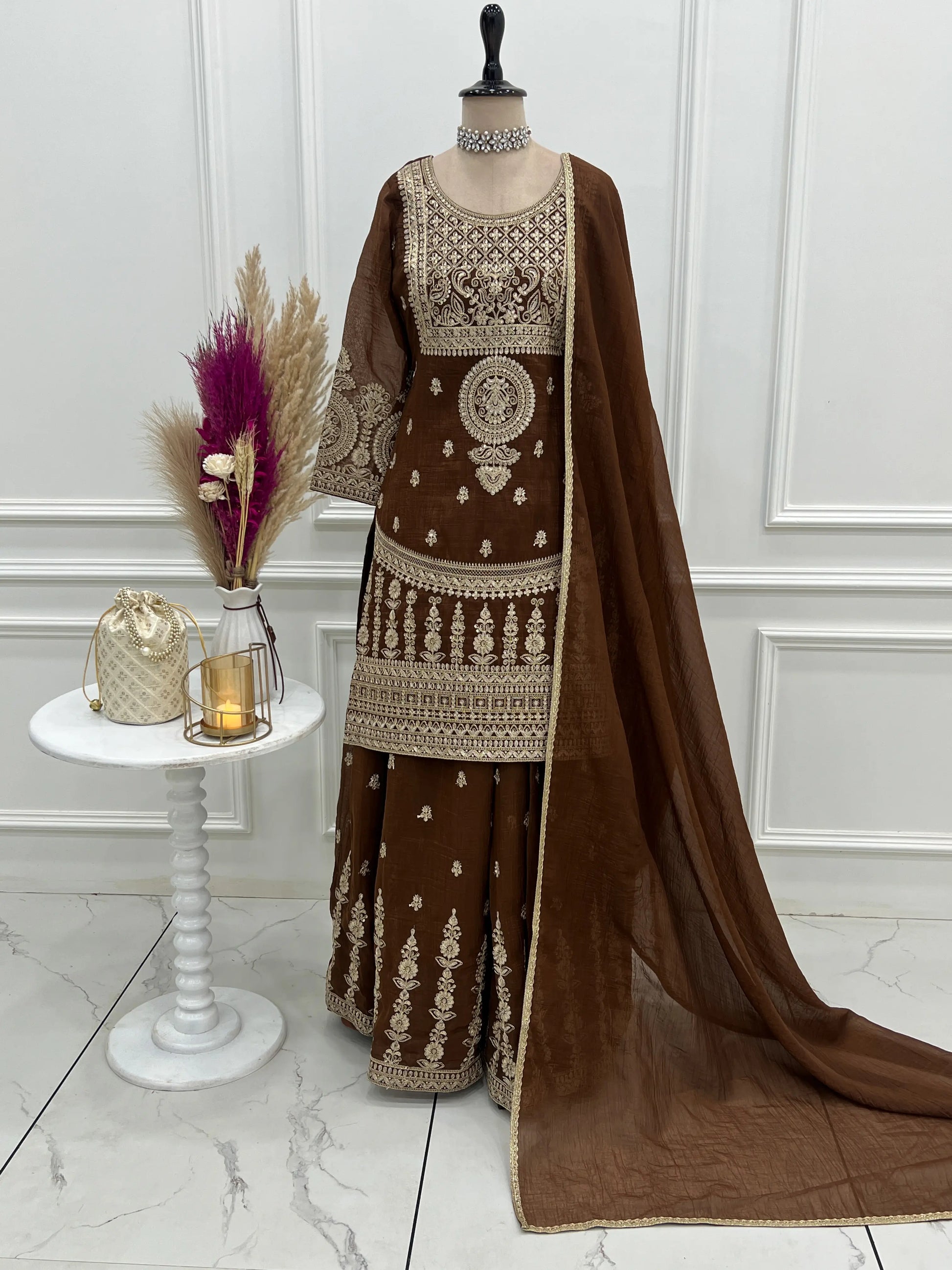 Embroidered Crunchy Silk Sharara Suit Set for Wedding and Festive Wear