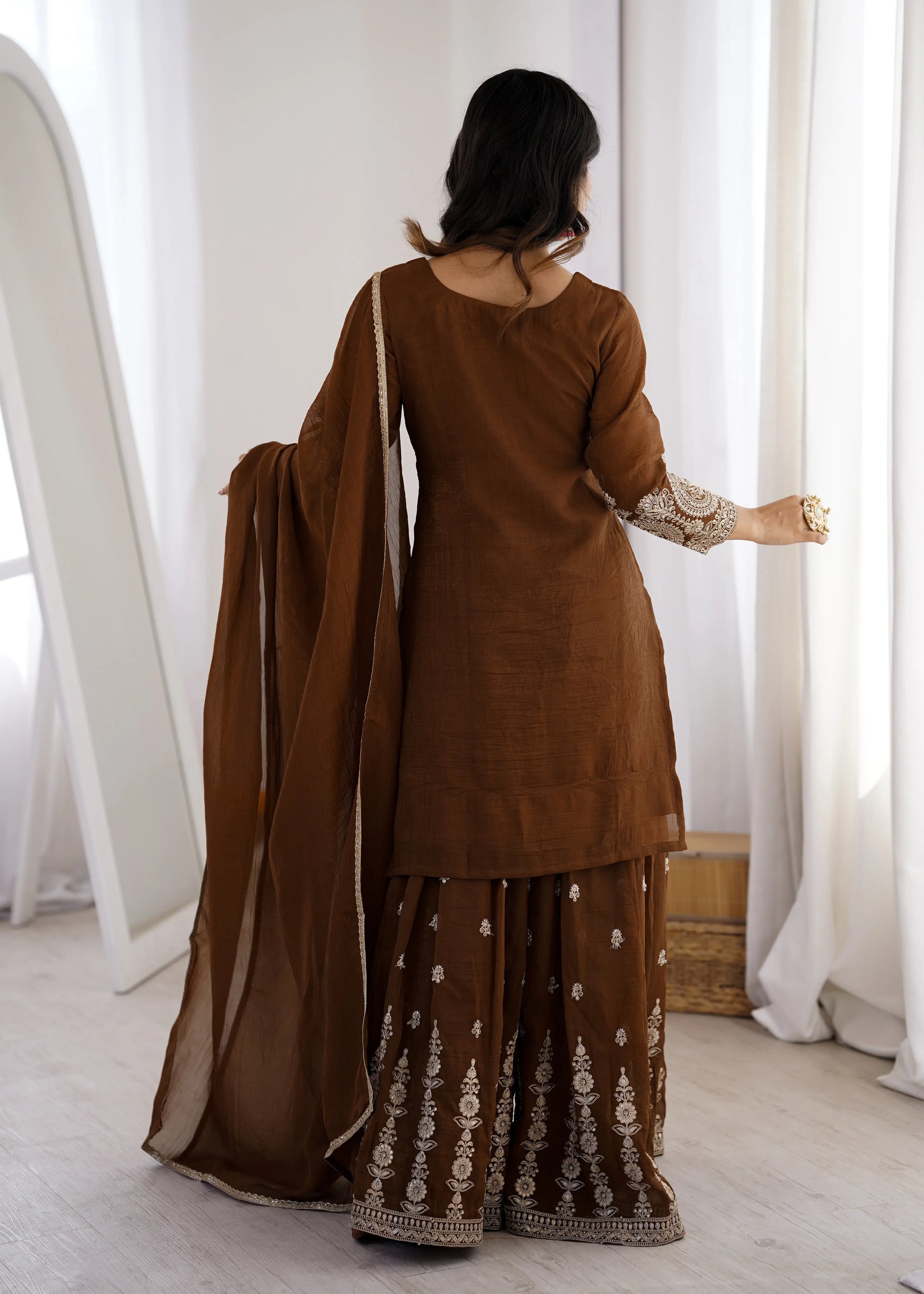 Embroidered Crunchy Silk Sharara Suit Set for Wedding and Festive Wear