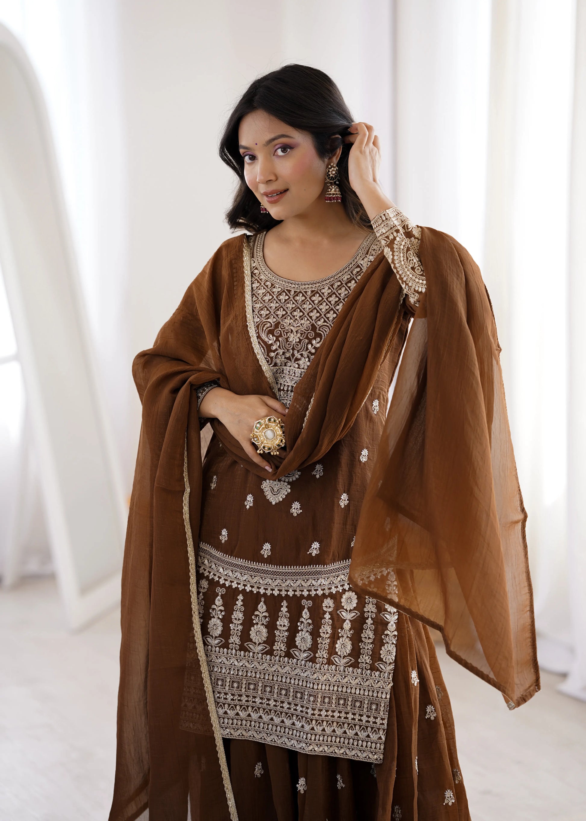 Embroidered Crunchy Silk Sharara Suit Set for Wedding and Festive Wear
