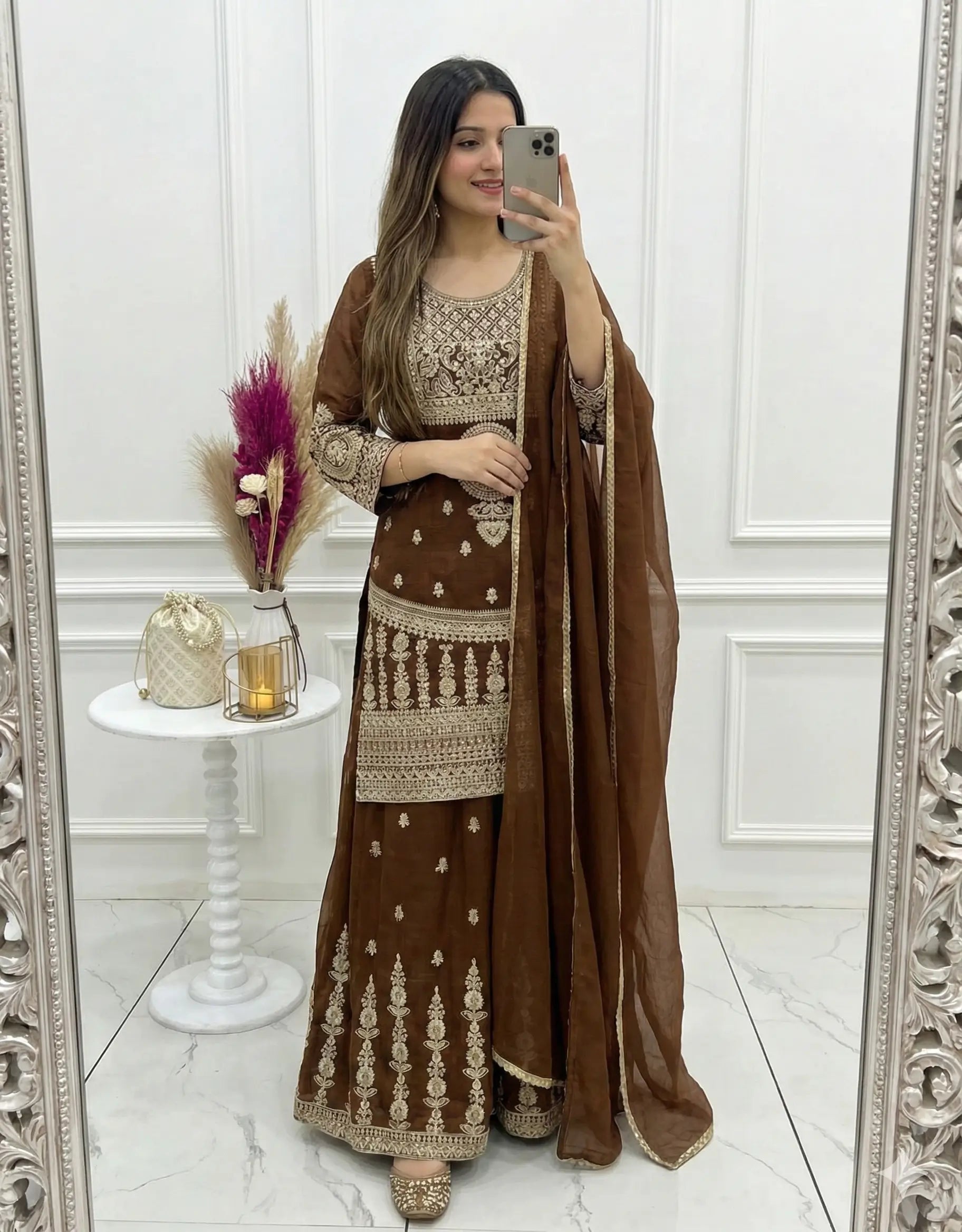 Embroidered Crunchy Silk Sharara Suit Set for Wedding and Festive Wear