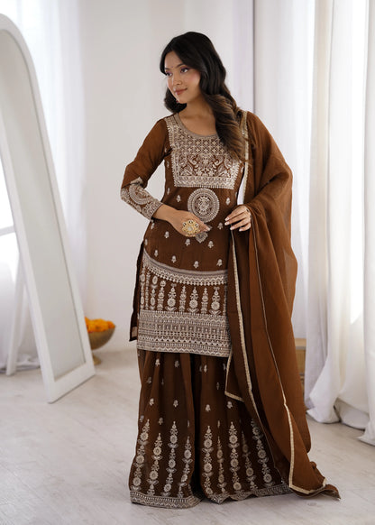 Embroidered Crunchy Silk Sharara Suit Set for Wedding and Festive Wear