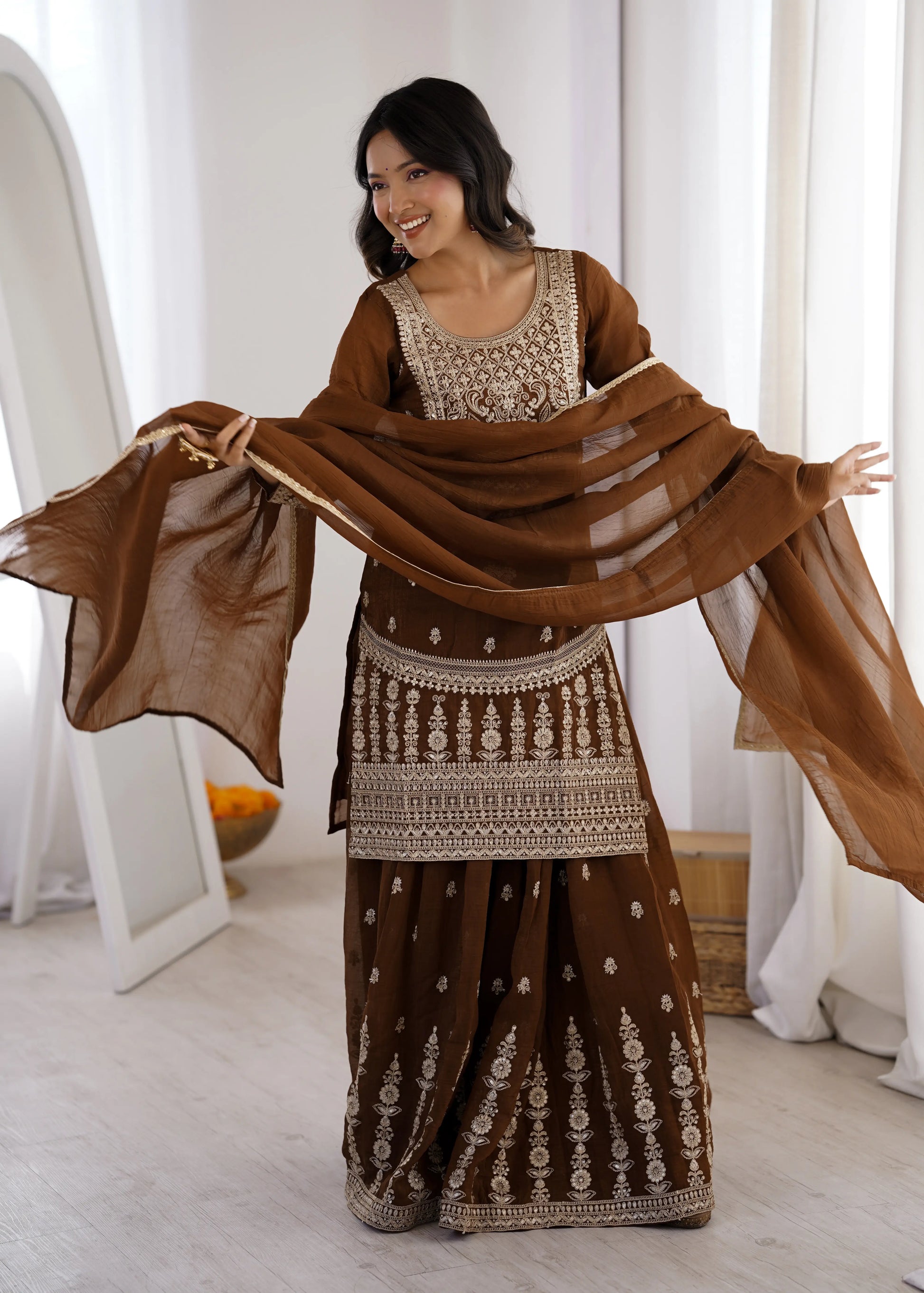 Embroidered Crunchy Silk Sharara Suit Set for Wedding and Festive Wear