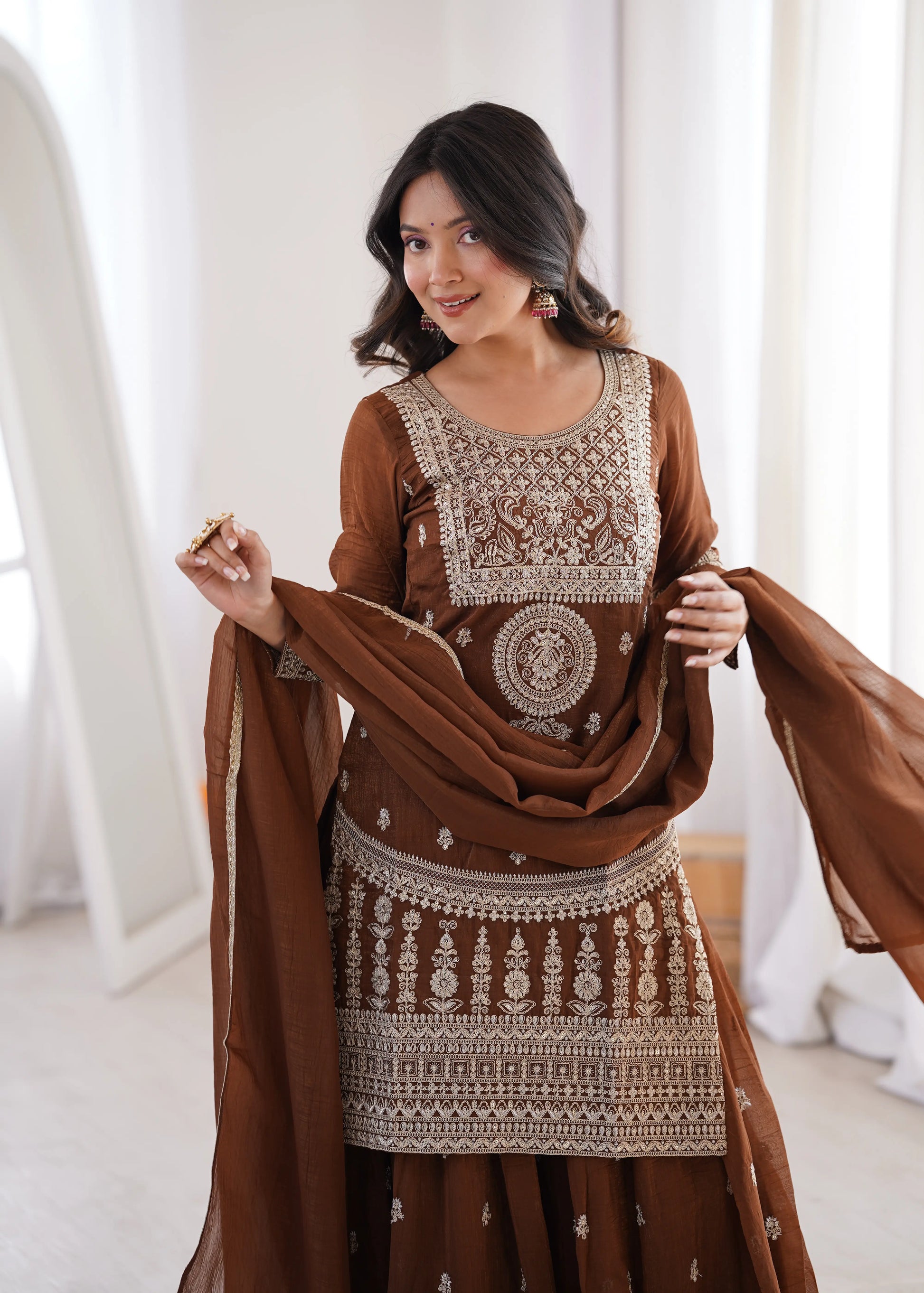 Embroidered Crunchy Silk Sharara Suit Set for Wedding and Festive Wear
