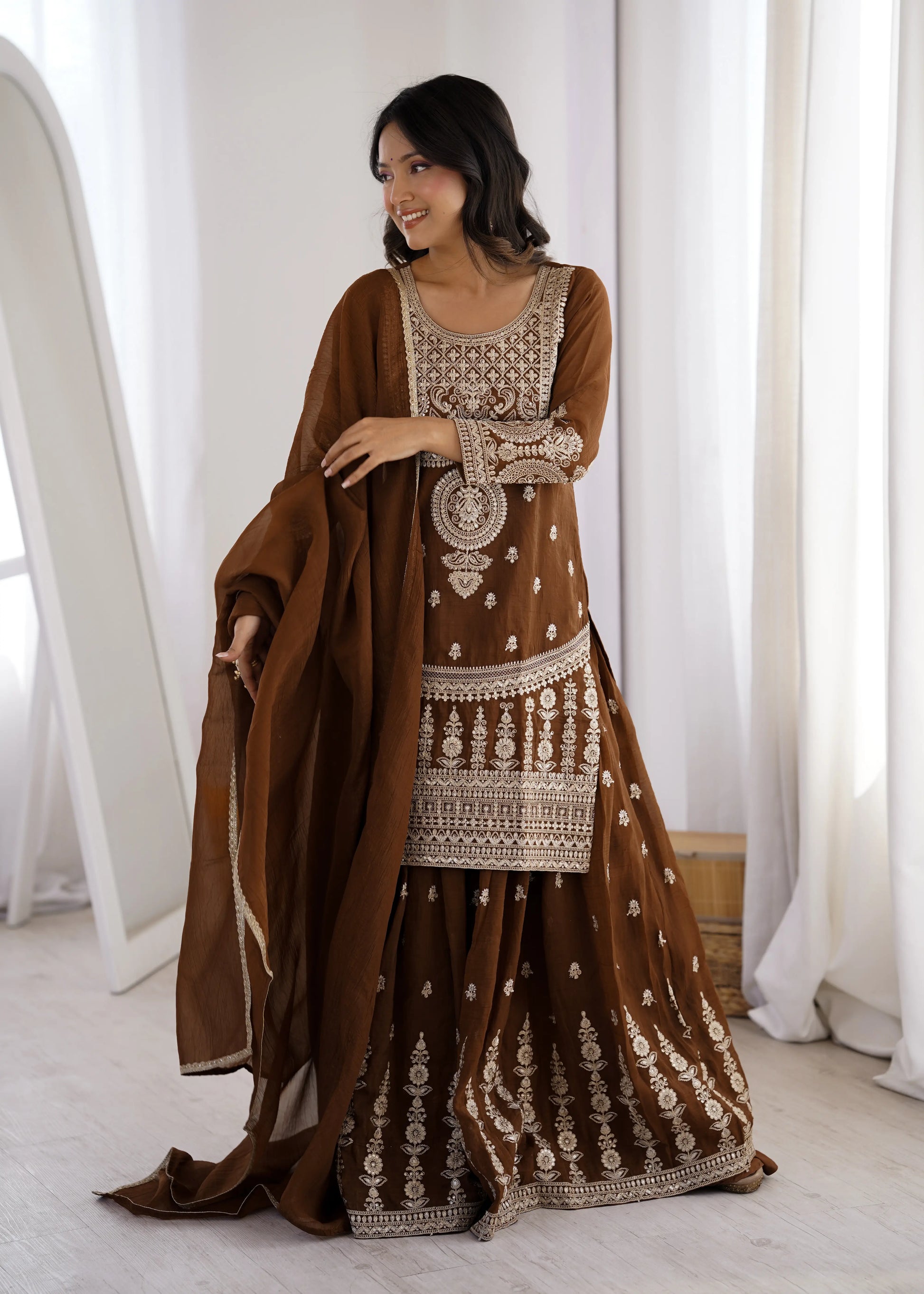 Embroidered Crunchy Silk Sharara Suit Set for Wedding and Festive Wear