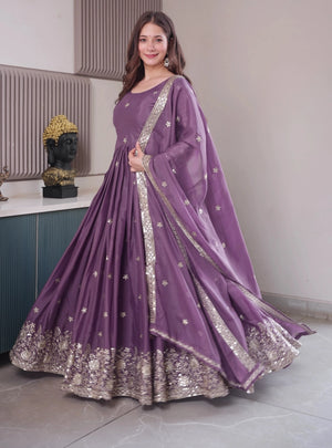 Embroidered Diamond Silk Gown with Matching Dupatta