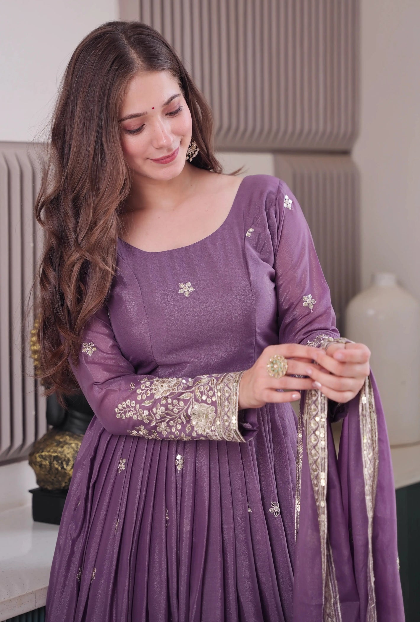 Embroidered Diamond Silk Gown with Matching Dupatta