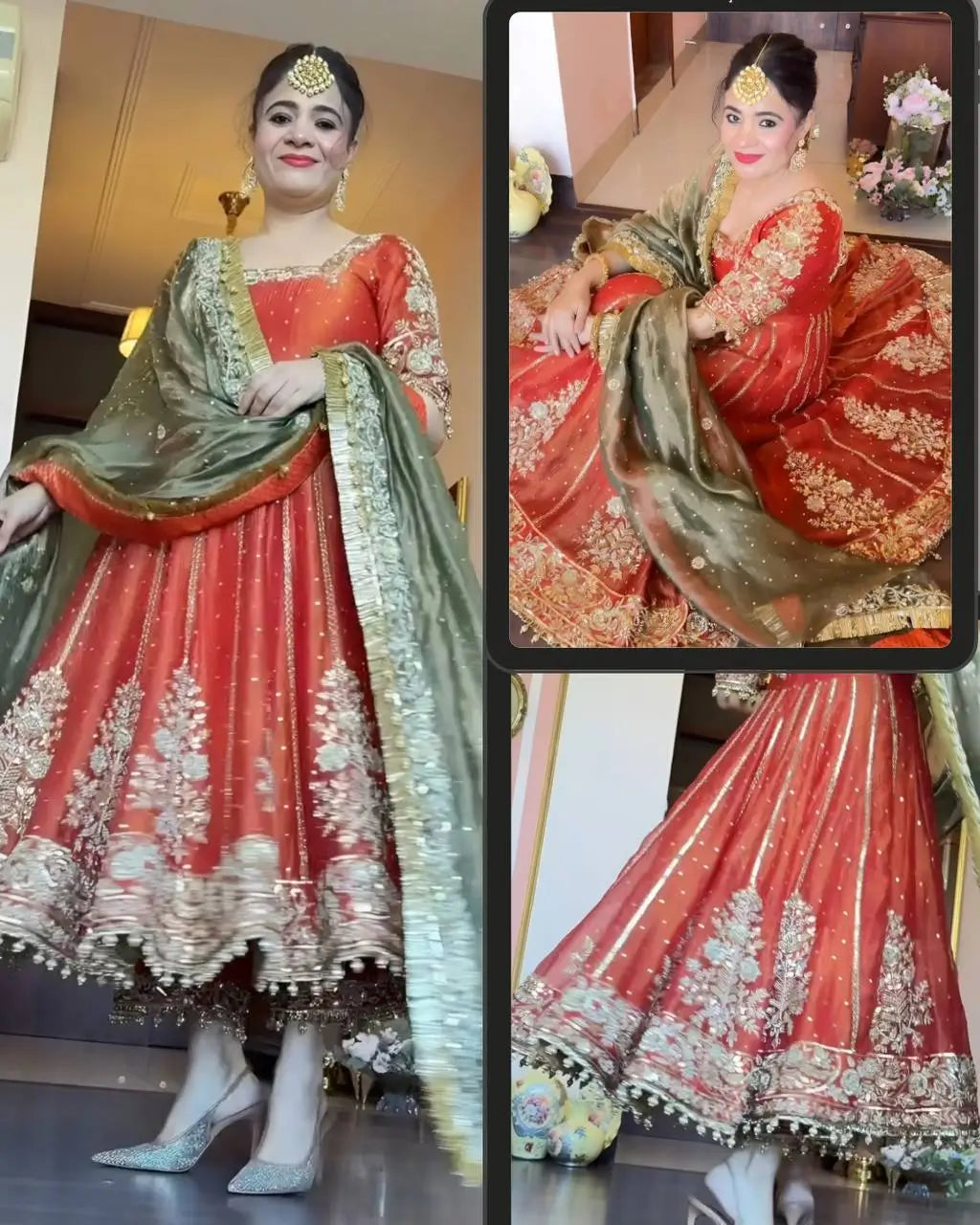 Embroidered Fancy Satin Gown Set with Pant and Dupatta