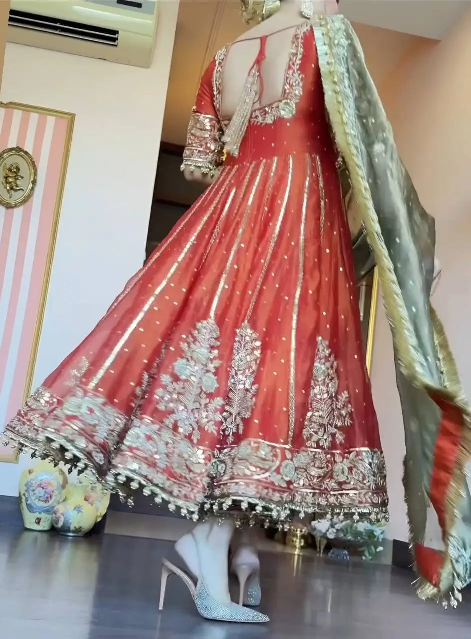 Embroidered Fancy Satin Gown Set with Pant and Dupatta