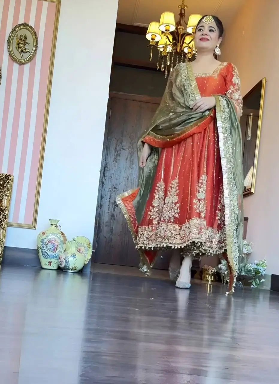 Embroidered Fancy Satin Gown Set with Pant and Dupatta
