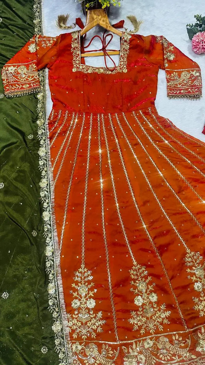 Embroidered Fancy Satin Gown Set with Pant and Dupatta