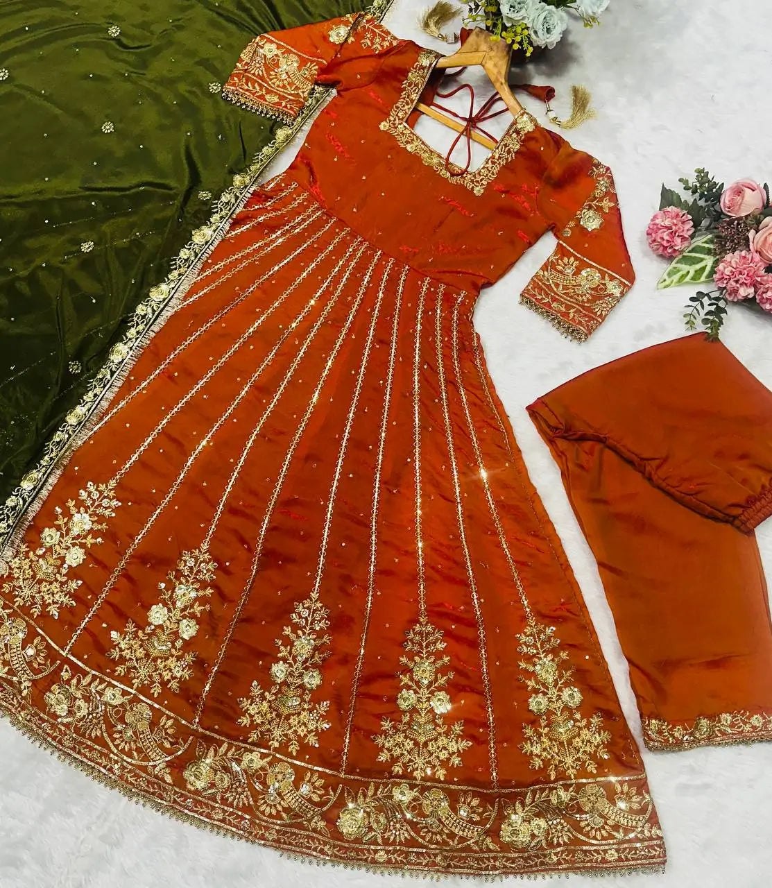 Embroidered Fancy Satin Gown Set with Pant and Dupatta