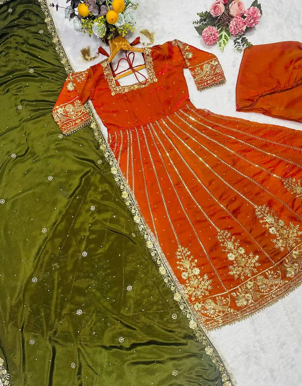Embroidered Fancy Satin Gown Set with Pant and Dupatta