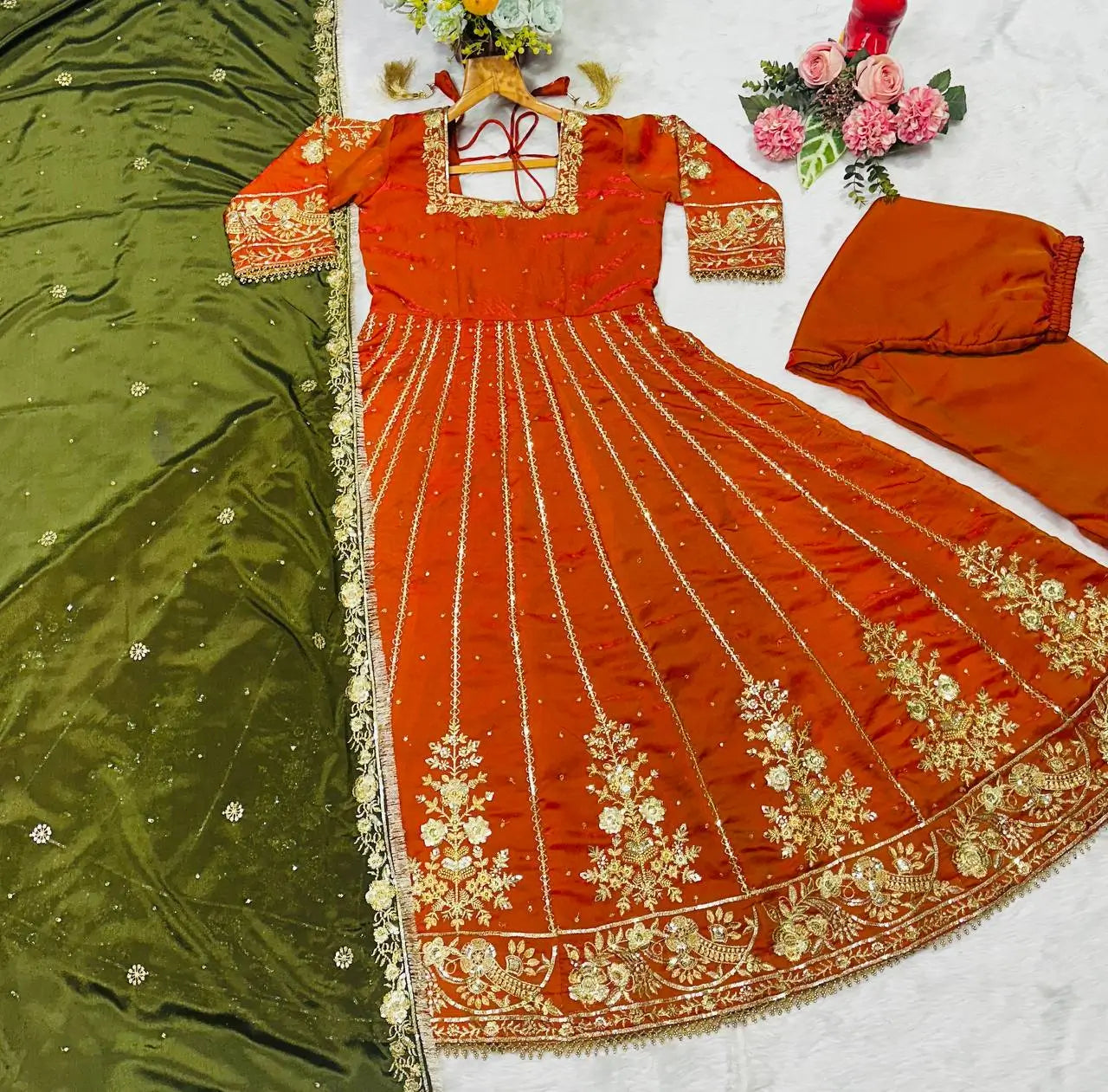 Embroidered Fancy Satin Gown Set with Pant and Dupatta