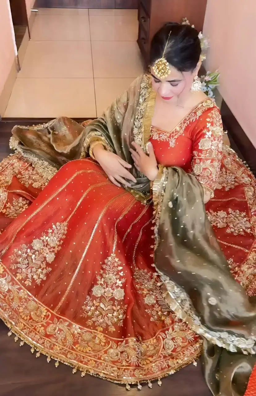 Embroidered Fancy Satin Gown Set with Pant and Dupatta