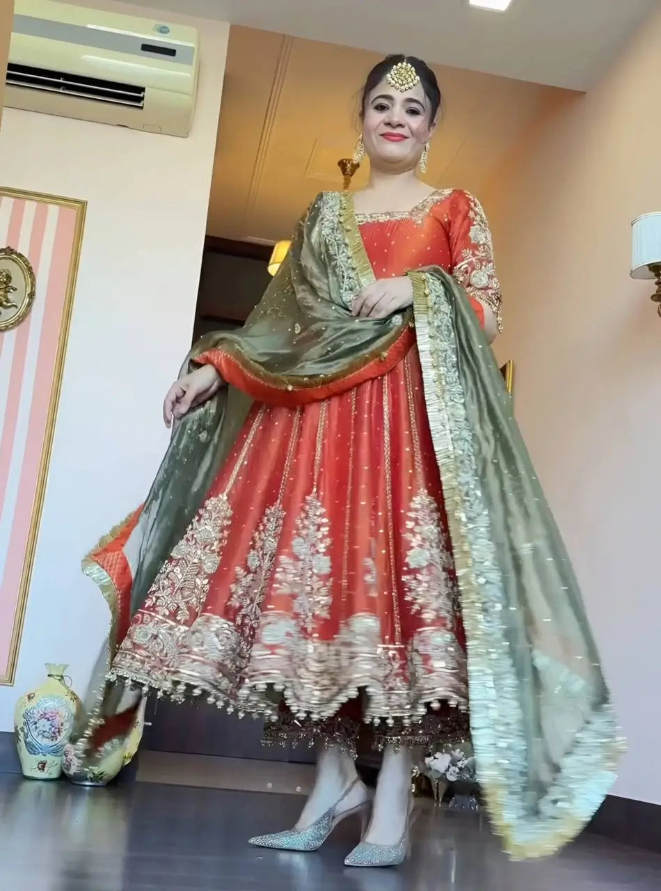 Embroidered Fancy Satin Gown Set with Pant and Dupatta