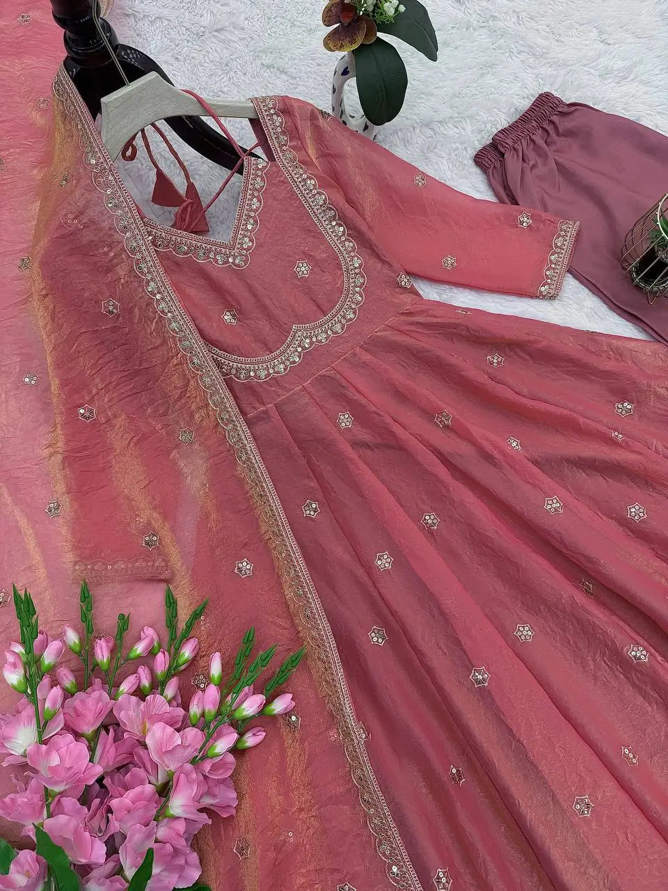 Embroidered Fandy Silk Anarkali Set