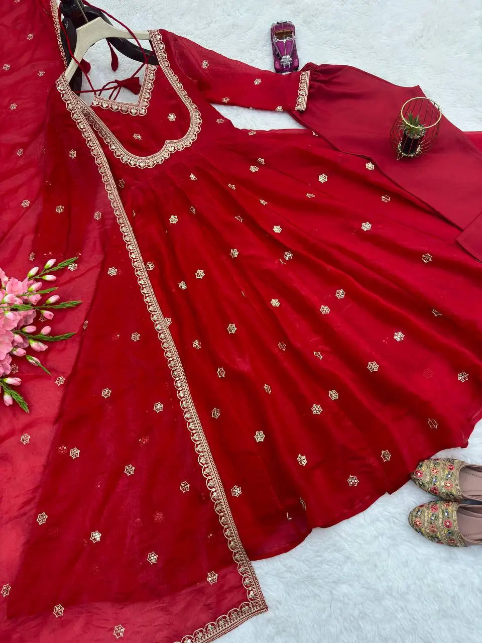 Embroidered Fandy Silk Anarkali Set