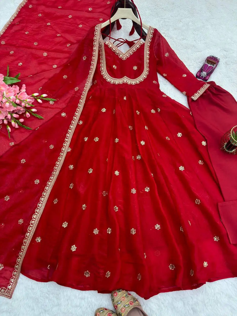 Embroidered Fandy Silk Anarkali Set