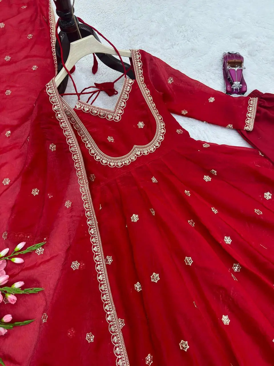 Embroidered Fandy Silk Anarkali Set