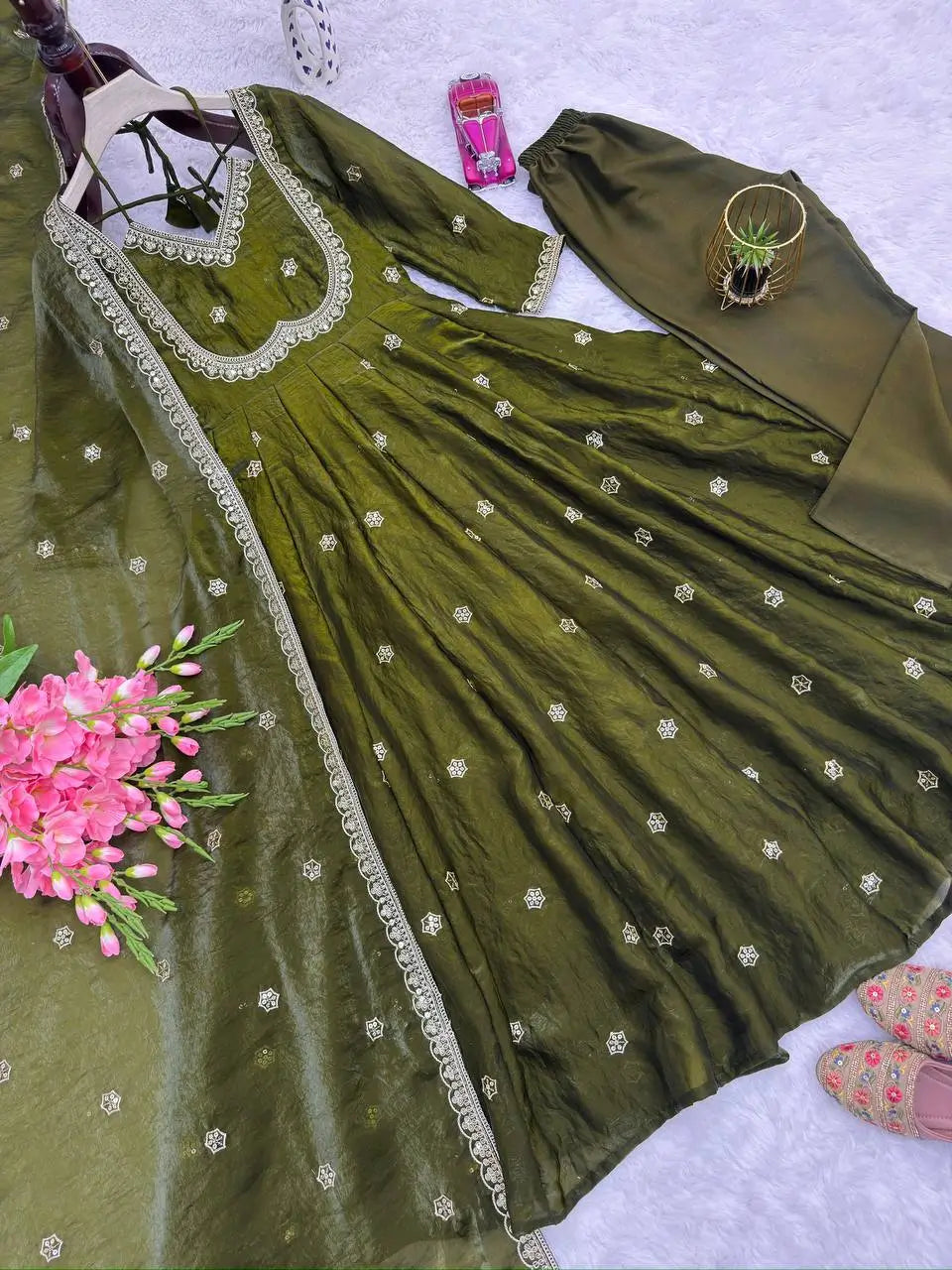 Embroidered Fandy Silk Anarkali Set