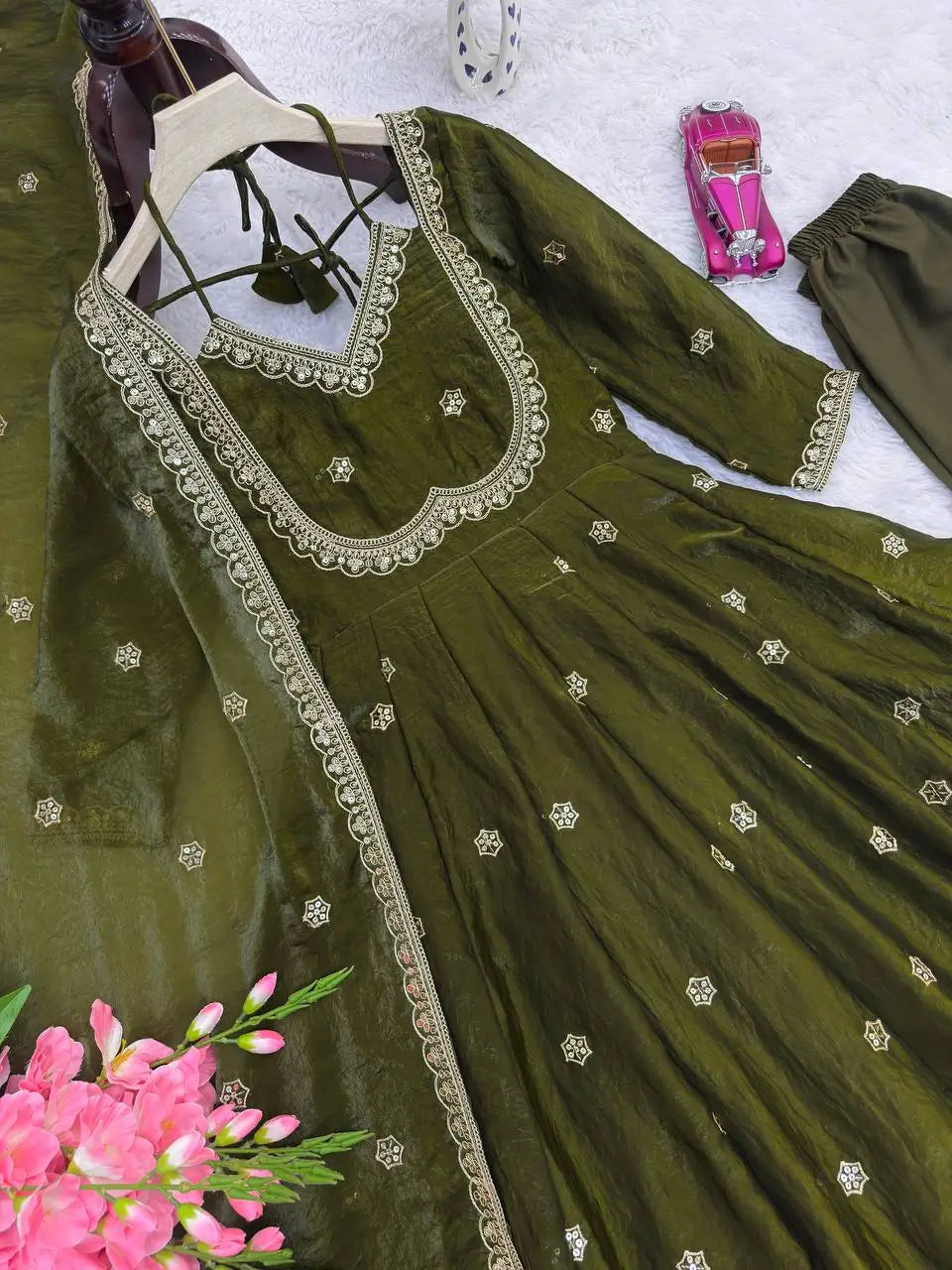 Embroidered Fandy Silk Anarkali Set