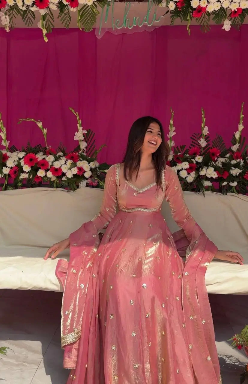 Embroidered Fandy Silk Anarkali Set