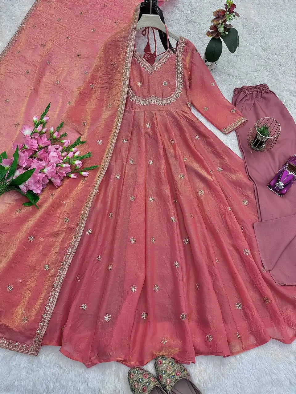 Embroidered Fandy Silk Anarkali Set
