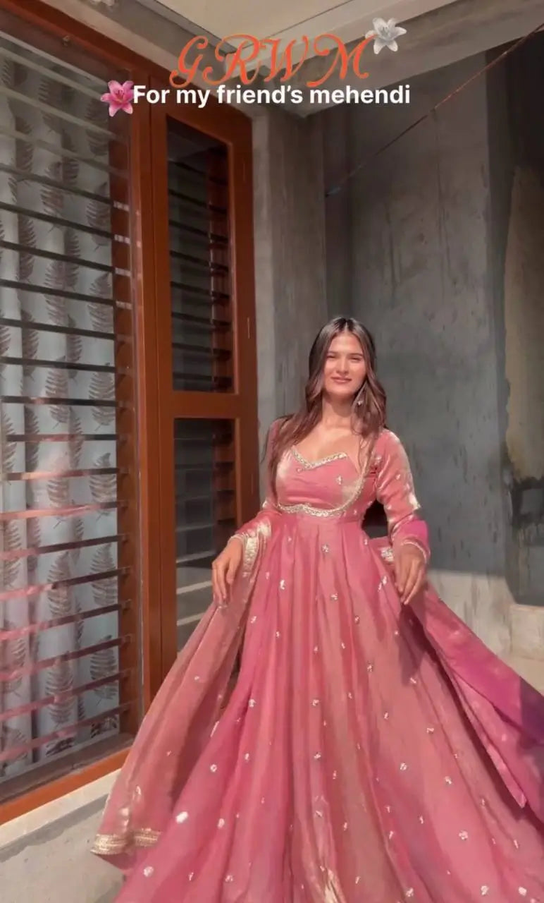 Embroidered Fandy Silk Anarkali Set