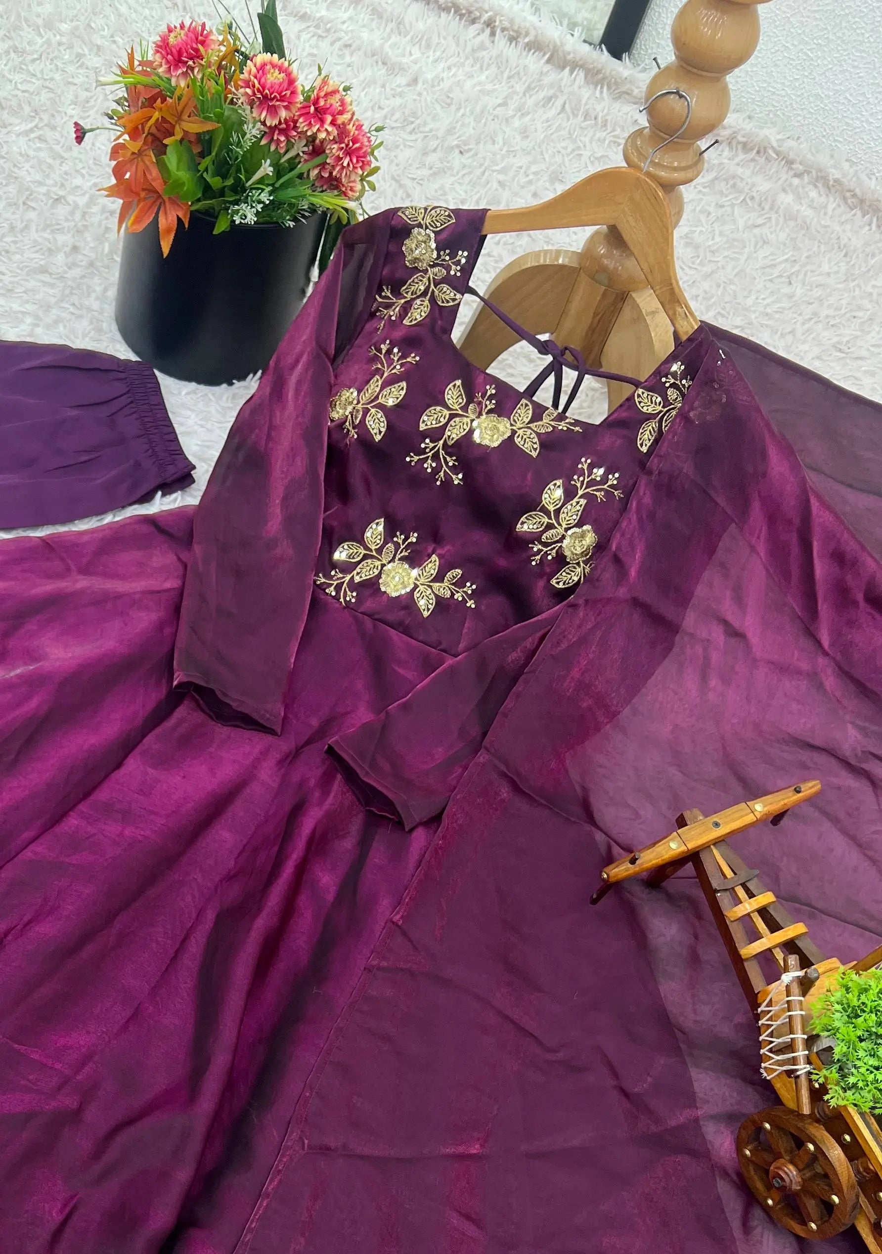 Embroidered Fandy Silk Gown Set With Dupatta