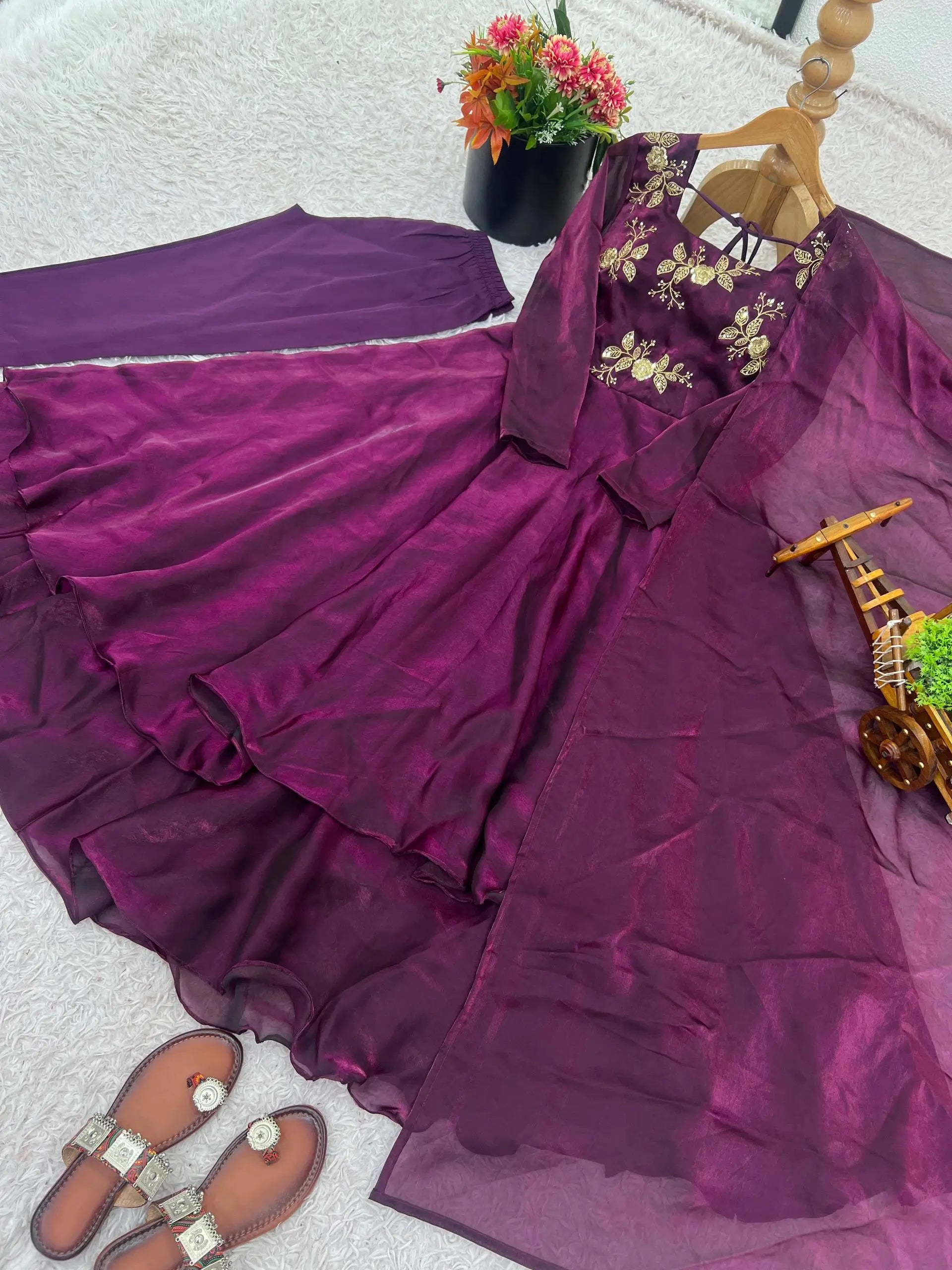 Embroidered Fandy Silk Gown Set With Dupatta