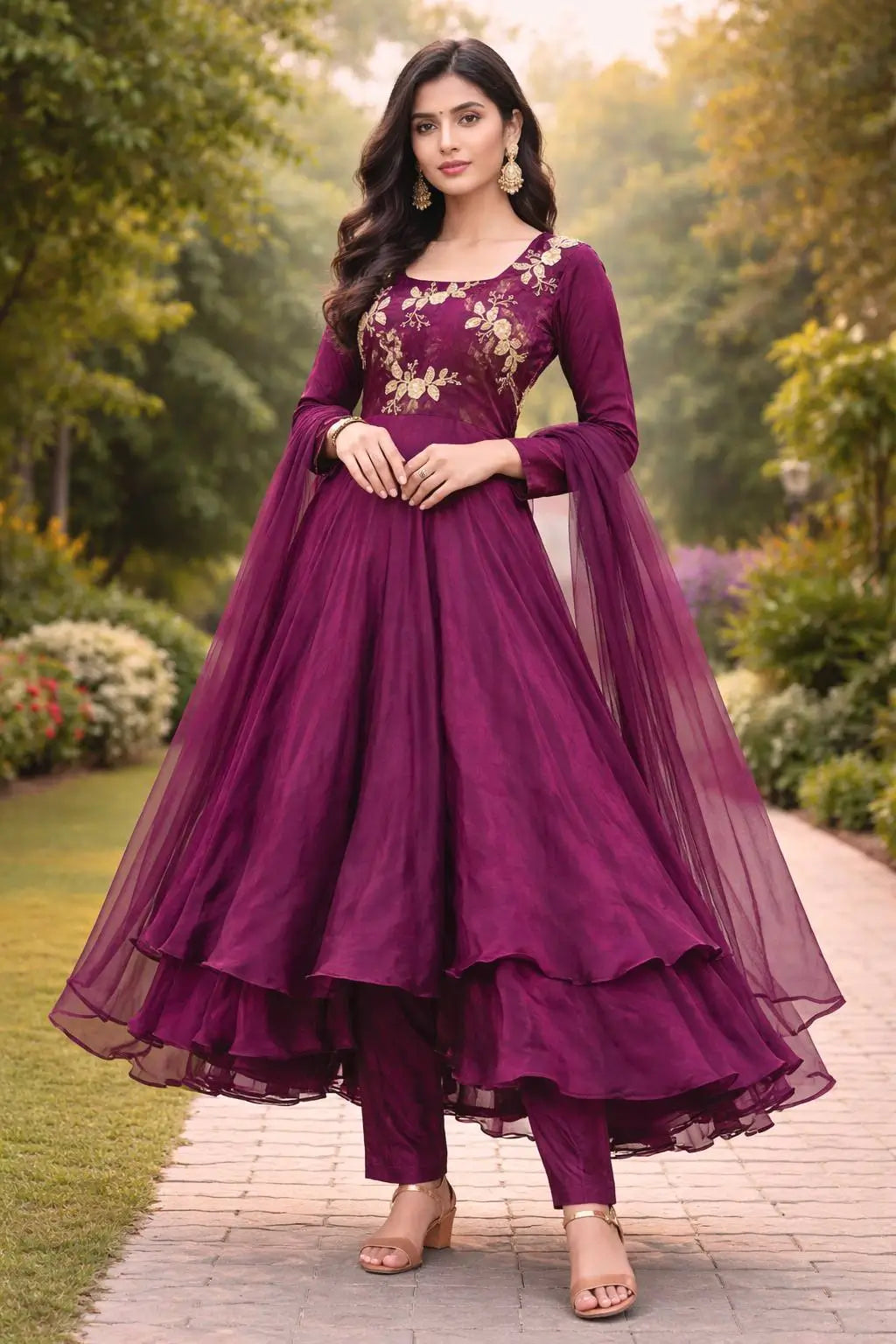Embroidered Fandy Silk Gown Set With Dupatta