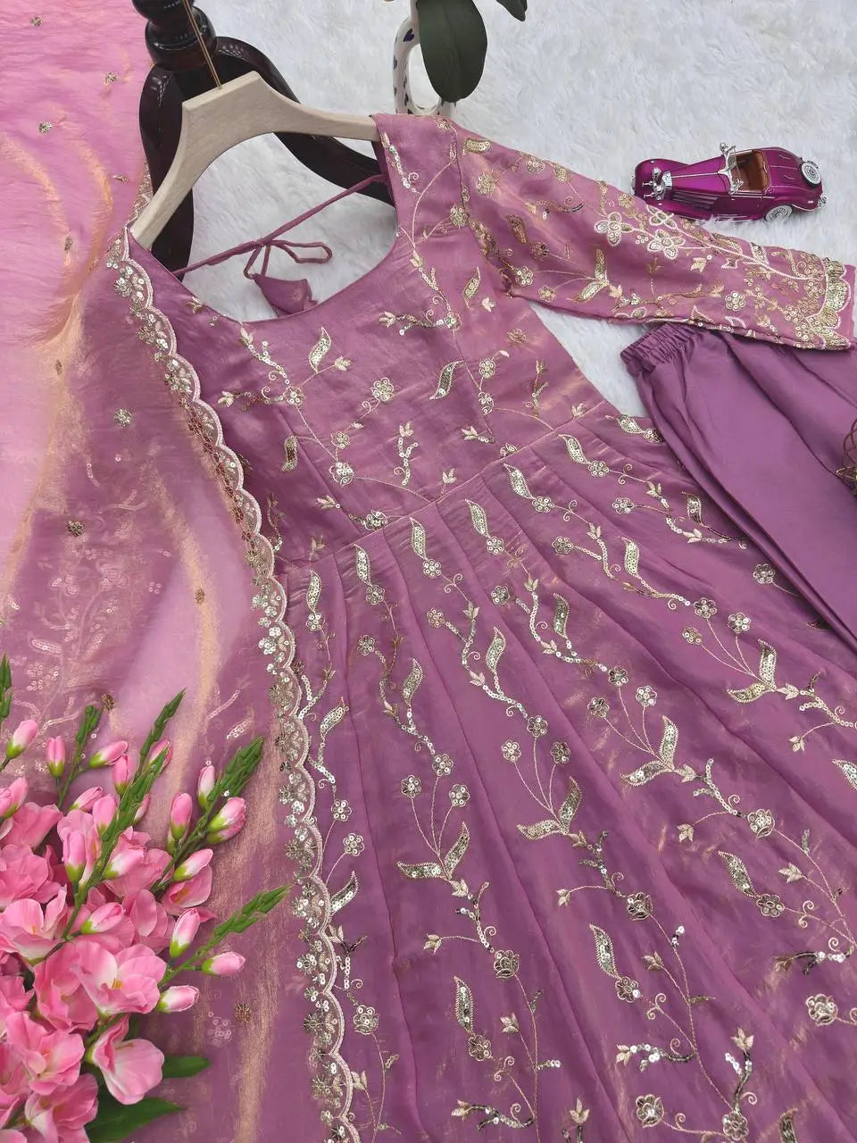 Embroidered Fandy Silk Gown Set with Dupatta and Pant