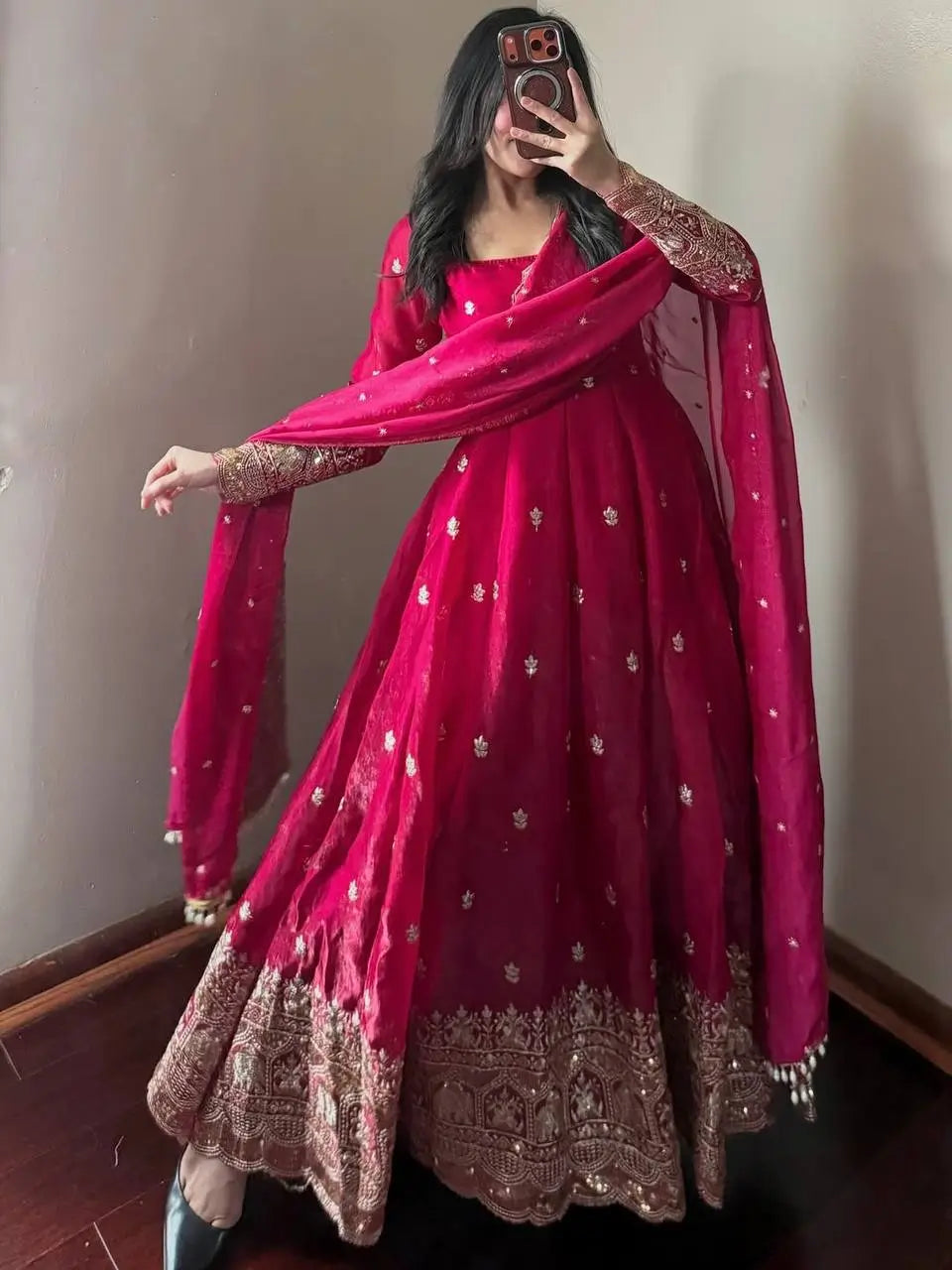 Embroidered Fandy Silk Gown Set with Dupatta and Pant