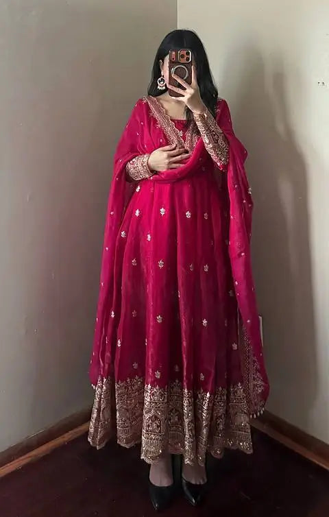 Embroidered Fandy Silk Gown Set with Dupatta and Pant