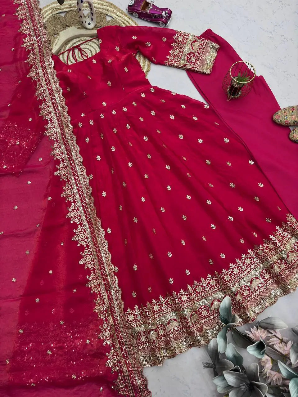 Embroidered Fandy Silk Gown Set with Dupatta and Pant