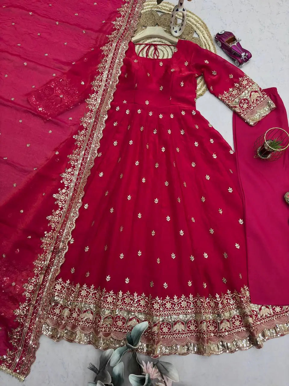 Embroidered Fandy Silk Gown Set with Dupatta and Pant