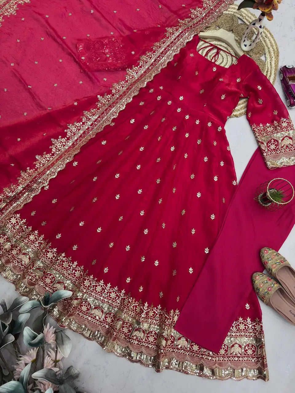 Embroidered Fandy Silk Gown Set with Dupatta and Pant