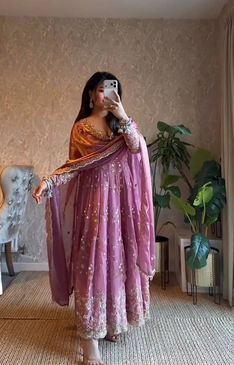 Embroidered Fandy Silk Gown Set with Dupatta and Pant