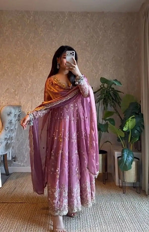 Embroidered Fandy Silk Gown Set with Dupatta and Pant