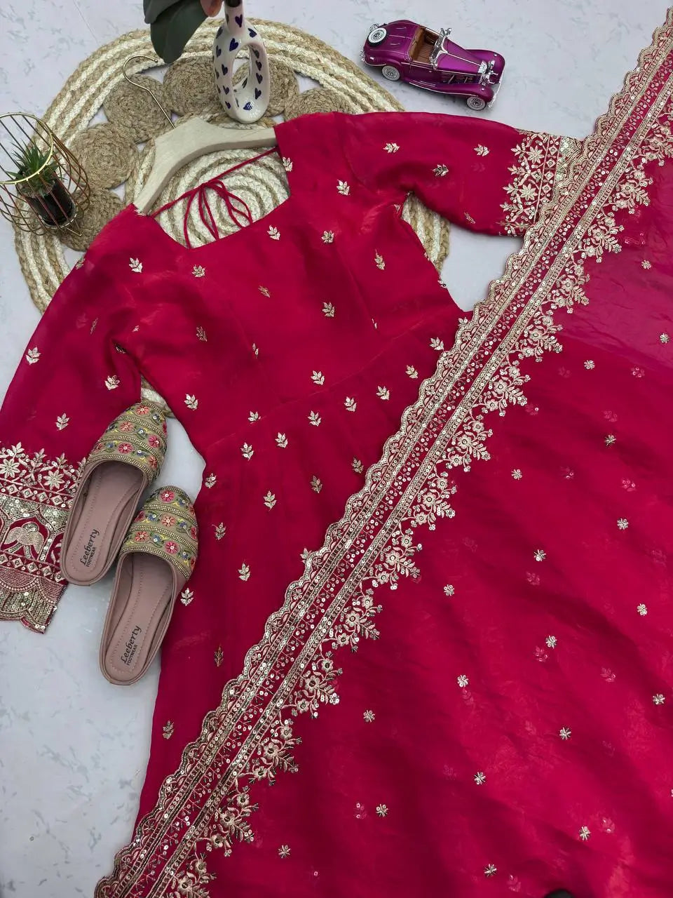 Embroidered Fandy Silk Gown Set with Dupatta and Pant
