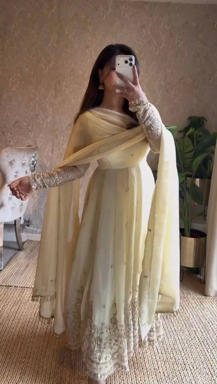 Embroidered Fandy Silk Gown Set with Dupatta and Pant