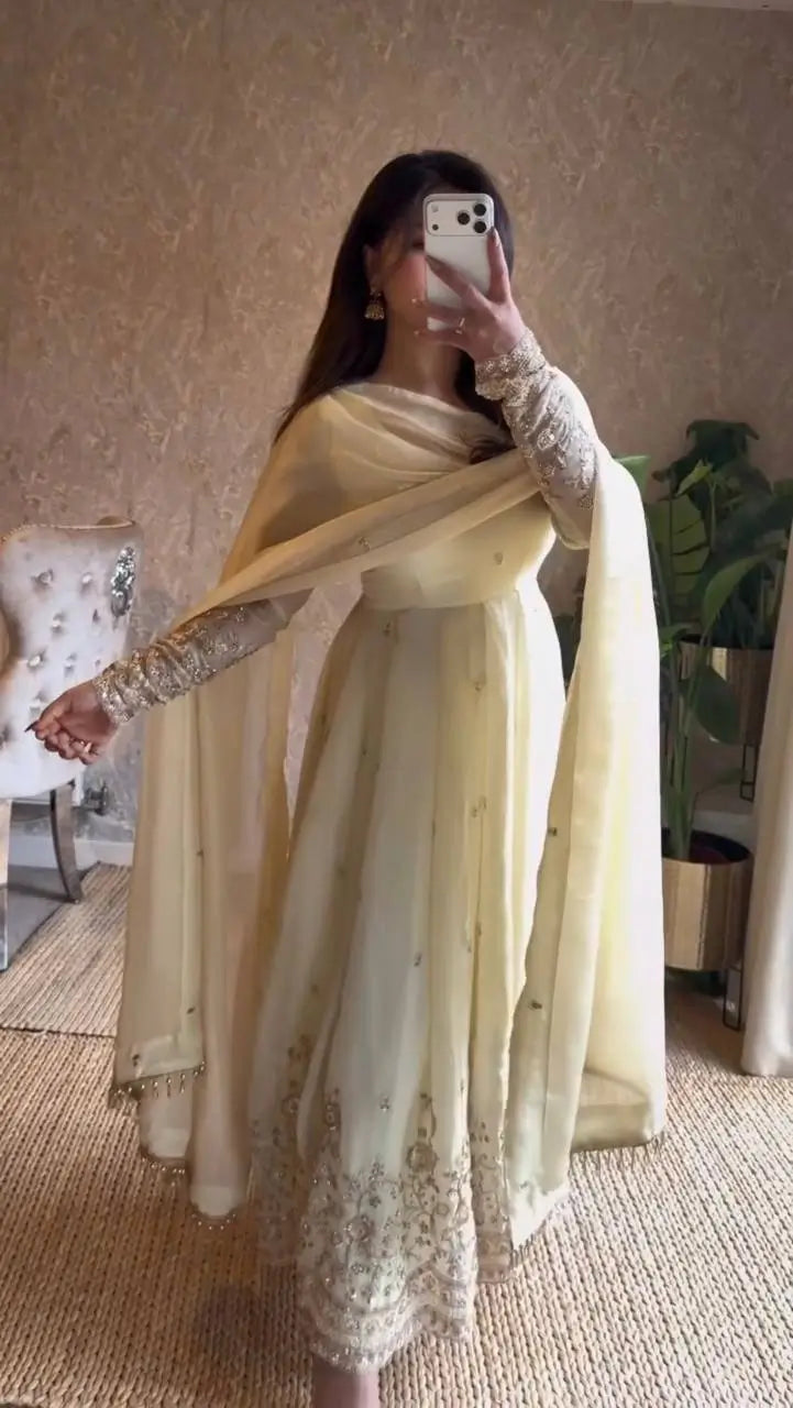 Embroidered Fandy Silk Gown Set with Dupatta and Pant