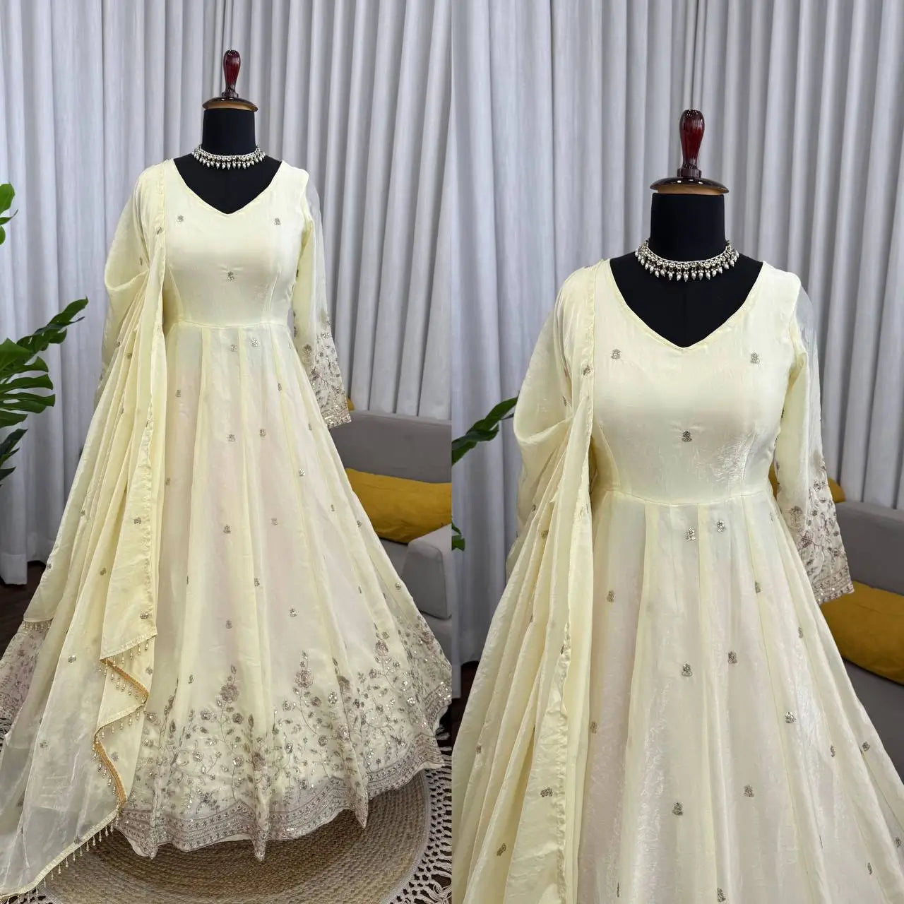 Embroidered Fandy Silk Gown Set with Dupatta and Pant