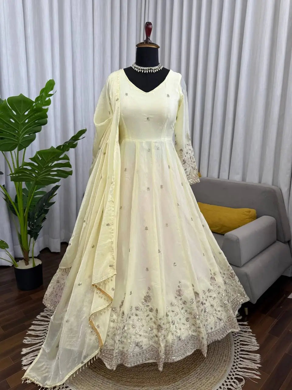 Embroidered Fandy Silk Gown Set with Dupatta and Pant