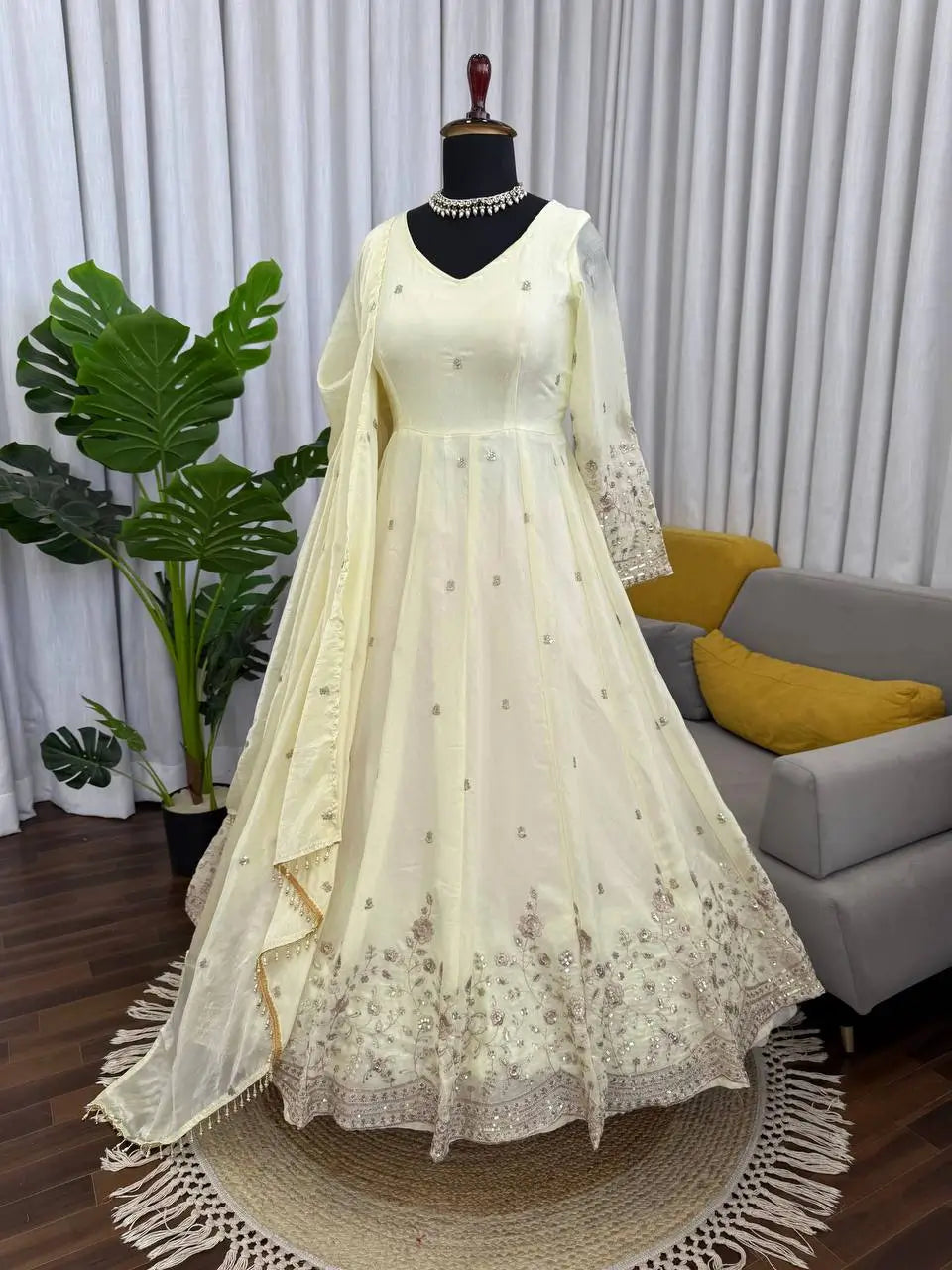 Embroidered Fandy Silk Gown Set with Dupatta and Pant
