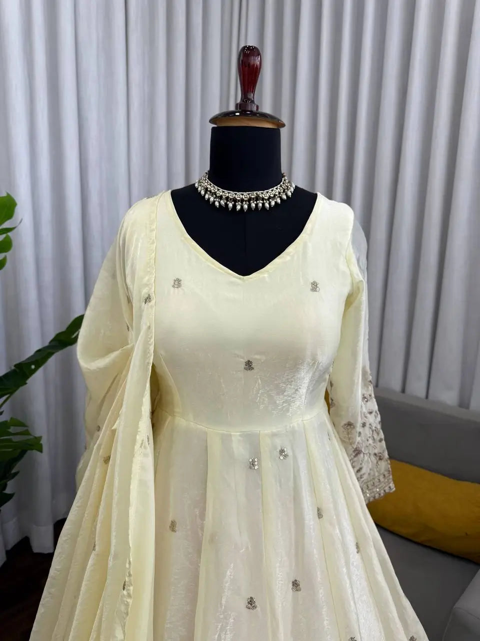 Embroidered Fandy Silk Gown Set with Dupatta and Pant