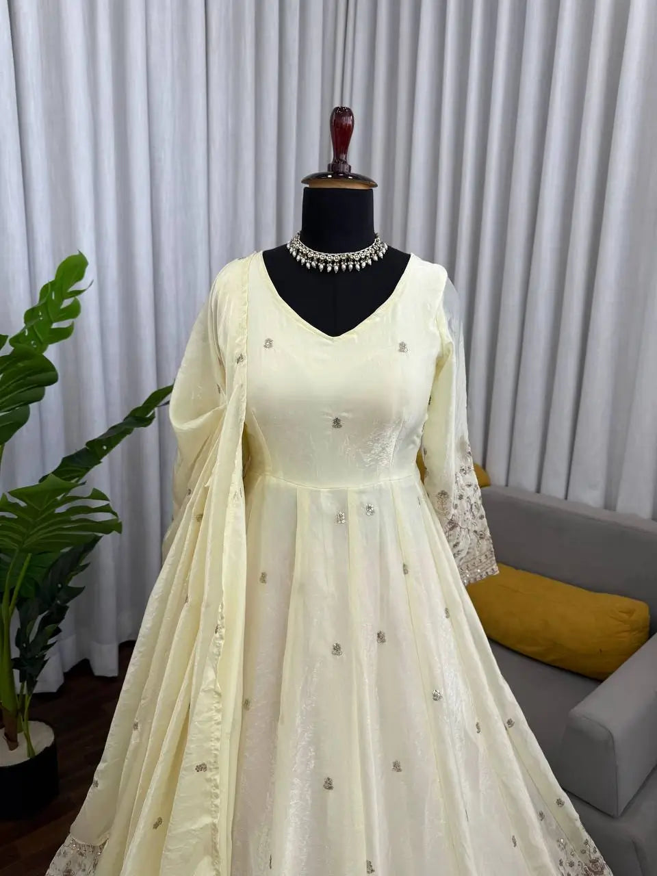 Embroidered Fandy Silk Gown Set with Dupatta and Pant
