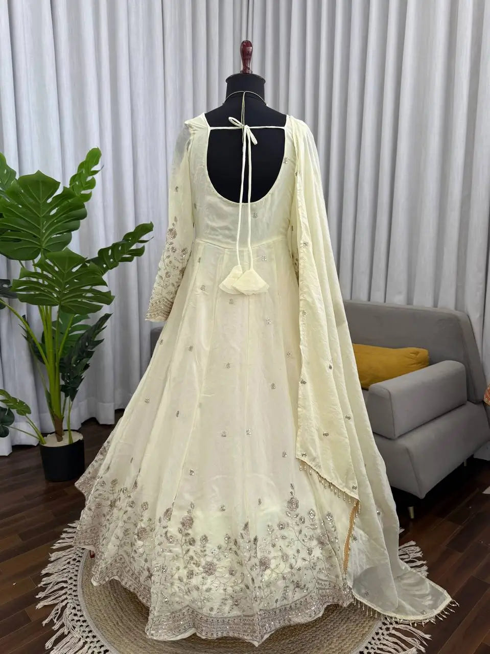 Embroidered Fandy Silk Gown Set with Dupatta and Pant