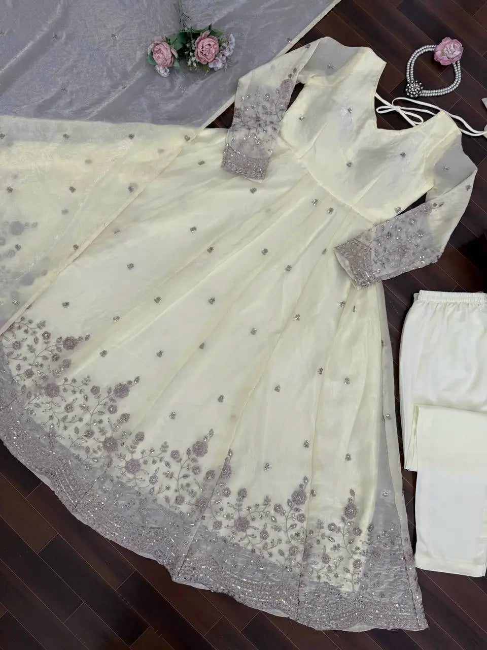 Embroidered Fandy Silk Gown Set with Dupatta and Pant